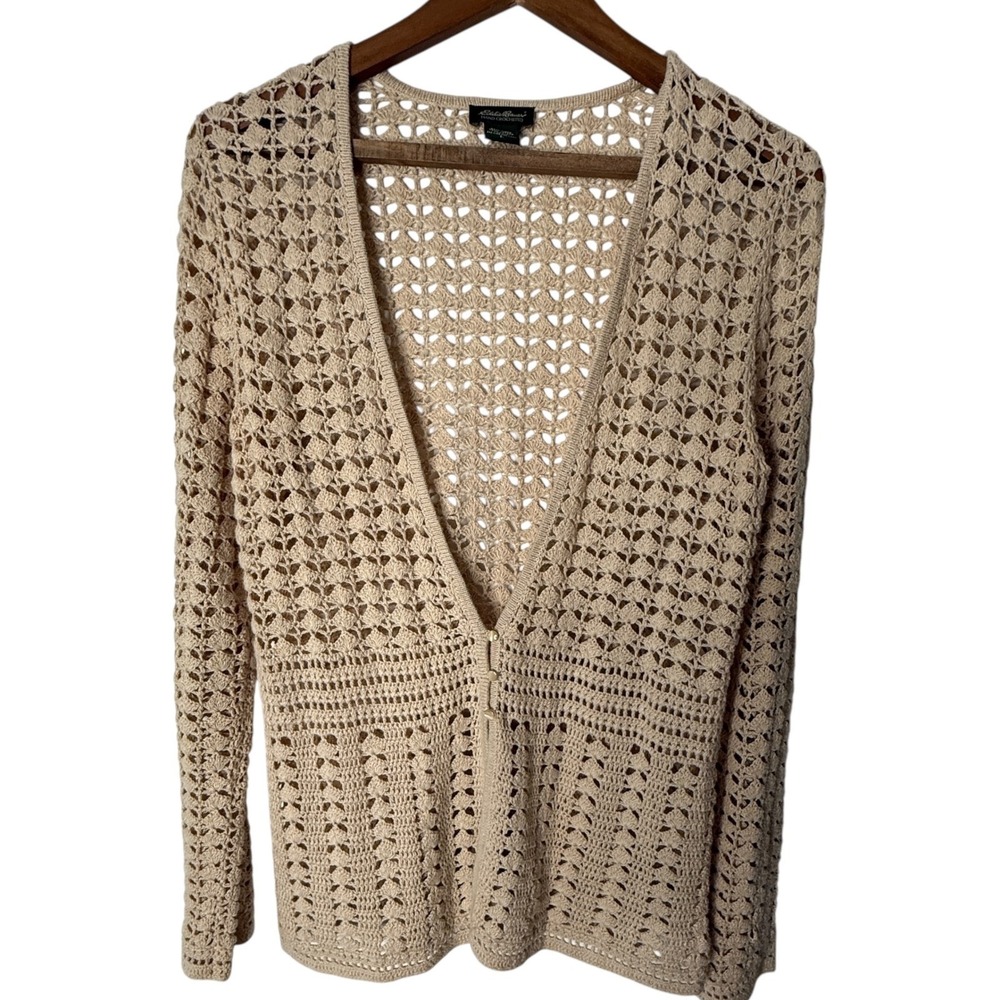 Eddie Bauer Women Beige Hand Crocheted Linen Cotton Cardigan Sweater Size L Boho - Picture 1 of 9